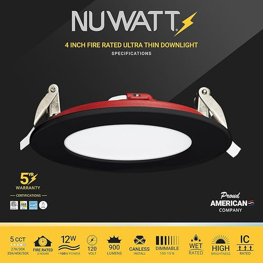NUWATT 12-Pack 2 Hour Fire Rated Recessed Lighting, 4 Inch Wafer LED Lights, 5CCT 2700K/3000K/3500K/4000K/5000K, Wet & IC Rated, CRI90 Black Recessed Lights, 12W, Dimmable 900LM, No Tenmat Needed, ETL