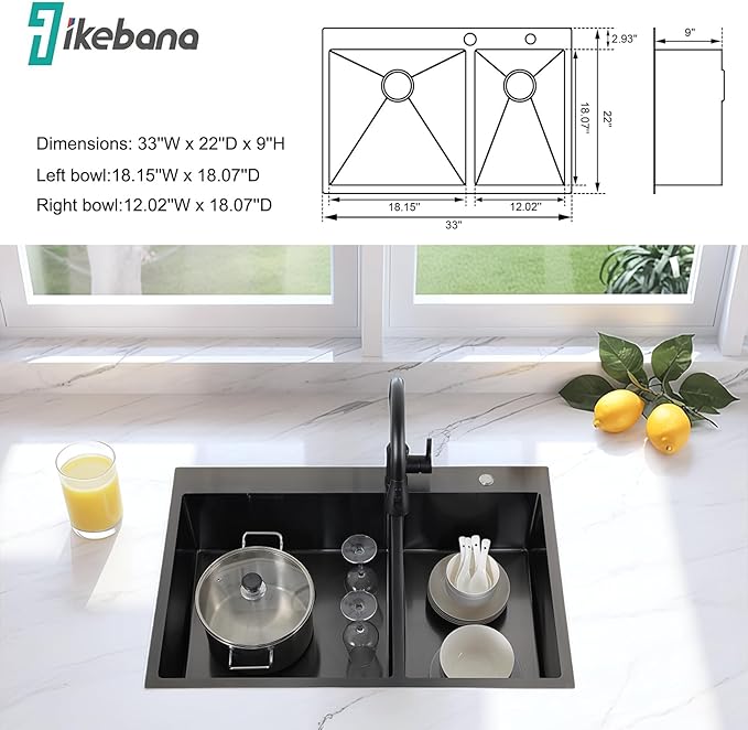 IKEBANA 33 Inch Black Double Kitchen Sink Drop In, 33x22 Inch 16 Gauge 304 Stainless Steel Topmount Kitchen sink, 60/40 Double Basin Workstation Sink With Accessories