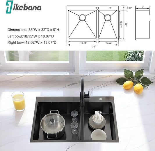 IKEBANA 33 Inch Black Double Kitchen Sink Drop In, 33x22 Inch 16 Gauge 304 Stainless Steel Topmount Kitchen sink, 60/40 Double Basin Workstation Sink With Accessories