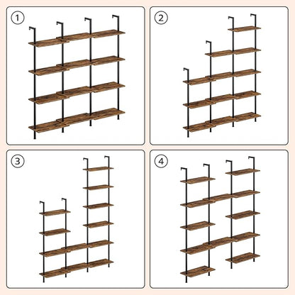 HOOBRO DIY Ladder Shelf, 6-Tier Wooden Wall Mounted Bookshelf, Narrow Bookcase, Display Shelf, Storage Rack, Plant Stand, for Living Room, Bedroom, Study, Balcony, Rustic Brown and Black BF651CJ01