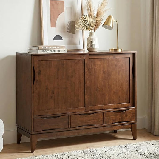 SIMPLIHOME Harper SOLID WOOD 48 inch Wide Mid Century Modern Medium Storage Cabinet in Walnut Brown, with Large Space Behind 2 Sliding Notched Handle Doors, 2 Adjustable Shelves