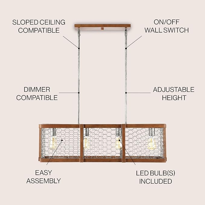JONATHAN Y 34.5" Brown and Antiqued Silver 4-Light Iron Linear Pendant, Rustic Industrial Adjustable Kitchen Island Chandelier, Farmhouse Cage Light, LED Bulbs Included JYL7519A