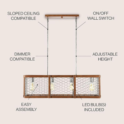 JONATHAN Y 34.5" Brown and Antiqued Silver 4-Light Iron Linear Pendant, Rustic Industrial Adjustable Kitchen Island Chandelier, Farmhouse Cage Light, LED Bulbs Included JYL7519A