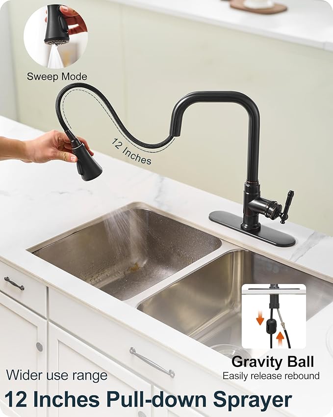3 Modes Oil Rubbed Bronze Kitchen Faucet with Pull Down Sprayer, 360 Degree Swivel Kitchen Sink Faucets Suit 1 Hole or 3 Hole Include Deck Plate & Hoses