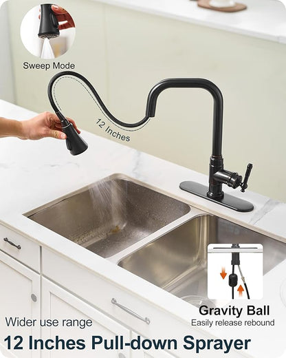 3 Modes Oil Rubbed Bronze Kitchen Faucet with Pull Down Sprayer, 360 Degree Swivel Kitchen Sink Faucets Suit 1 Hole or 3 Hole Include Deck Plate & Hoses