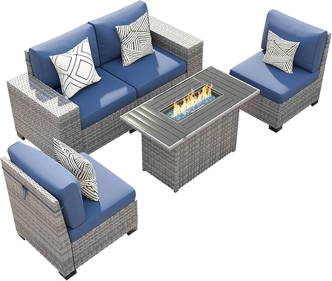 5 Piece Patio Furniture Set with Fire Pit Table, Outdoor Conversation Sets Grey Wicker Rattan Sectional Sofa, 4'' Thickened Cushion Navy Blue
