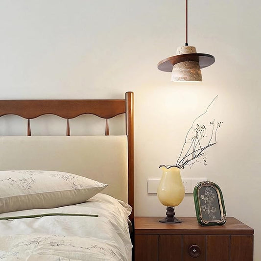 Japanese Wabi sabi Pendant Light with Natural Stone Shade, Dimmable Modern Wood Hanging Lamp Fixture, Adjustable Height Pendant Lamp for Bedroom, Kitchen Island, Dining Room, Restaurant, Cafe, Bar (J)