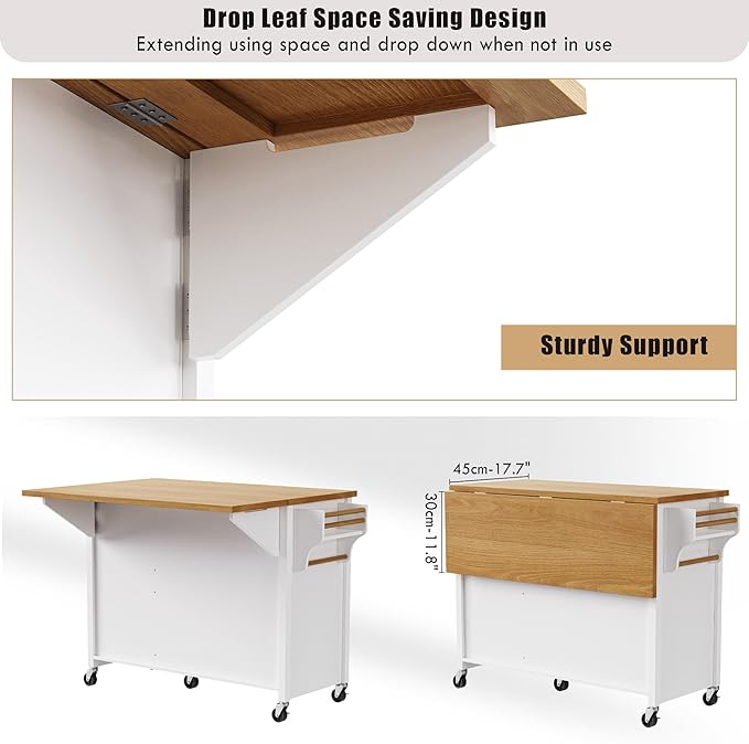 Kitchen Island with Drop Leaf, Embossed Texture Kitchen Island on Wheels with Spice Rack,Towel Rack, 2 Doors and 5 Drawers, Kitchen Storage Cart with Adjustable Shelf for Kitchen (White@093)