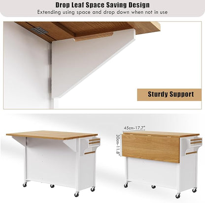 Kitchen Island with Drop Leaf, Embossed Texture Kitchen Island on Wheels with Spice Rack,Towel Rack, 2 Doors and 5 Drawers, Kitchen Storage Cart with Adjustable Shelf for Kitchen (White@093)