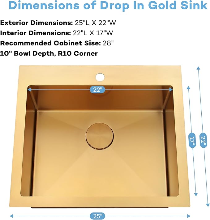 Gold Kitchen Sink 25"x22",Drop In Laundry Utility Sink,25 Inch Gold Sink 16 Gauge Stainless Steel,Top Mount Single Bowl Deep Kitchen Sinks