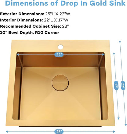 Gold Kitchen Sink 25"x22",Drop In Laundry Utility Sink,25 Inch Gold Sink 16 Gauge Stainless Steel,Top Mount Single Bowl Deep Kitchen Sinks