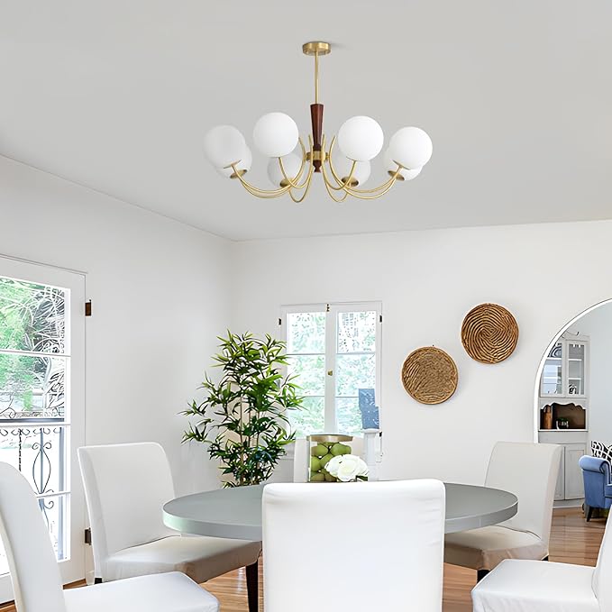 KCO Lighting 8 Light Brass Gold Chandelier White Milk Glass Pendant Light Mid Century Modern Dining Room Chandelier Vintage Chandeliers for Bedroom