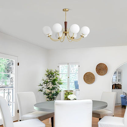 KCO Lighting 8 Light Brass Gold Chandelier White Milk Glass Pendant Light Mid Century Modern Dining Room Chandelier Vintage Chandeliers for Bedroom