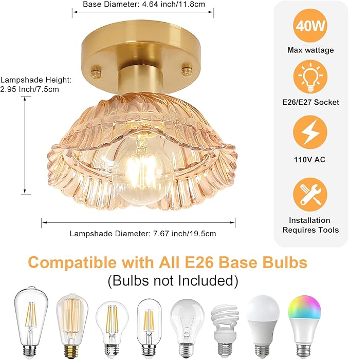 Shenmoyl Semi Flush Mount Vintage Lights Fixture with Amber Pumpkin Hat Glass, 4.72" Modern Ceiling Light for Bathroom, Kitchen, Bedroom