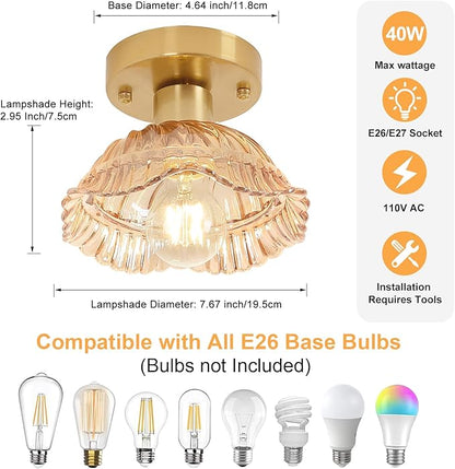 Shenmoyl Semi Flush Mount Vintage Lights Fixture with Amber Pumpkin Hat Glass, 4.72" Modern Ceiling Light for Bathroom, Kitchen, Bedroom