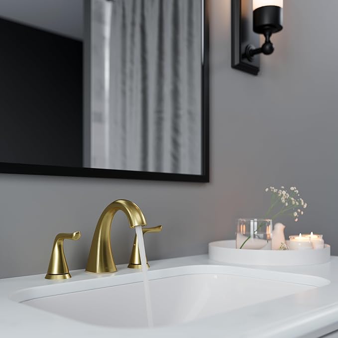 Pfister Willa Bathroom Sink Faucet 8 in Widespread 3 Hole Double Handle Brushed Gold Finish NSF Certified Push & Seal Drain TiteSeal Technology Vanity Faucet LF049MALBG