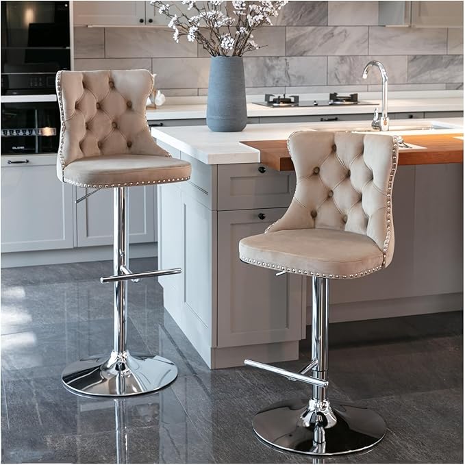 Swivel Velvet Barstools Adjusatble Seat Height from 25-33 Inch, Modern Upholstered Chrome Base Bar Stools with Backs Comfortable Tufted for Home Pub and Kitchen Island（Khaki,Set of 2）,for Living Room