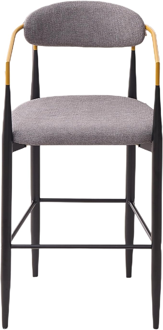 Modern Upholstered Accent Chair Set of 2 with Ergonomic Backrest,Gold Accented Armrests,Linen Fabric Seat,Black Metal Frame,Contemporary Seating for Dining Room,Kitchen Island (Grey,Bar Stool)