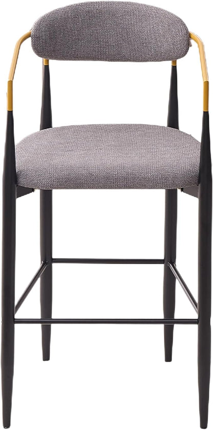 Modern Upholstered Accent Chair Set of 2 with Gold Accented Armrests, Ergonomic Barrel Back, Padded Fabric Seat, Metal Frame for Dining Room, Kitchen Island, Counter, Office (Grey,Bar Stool)