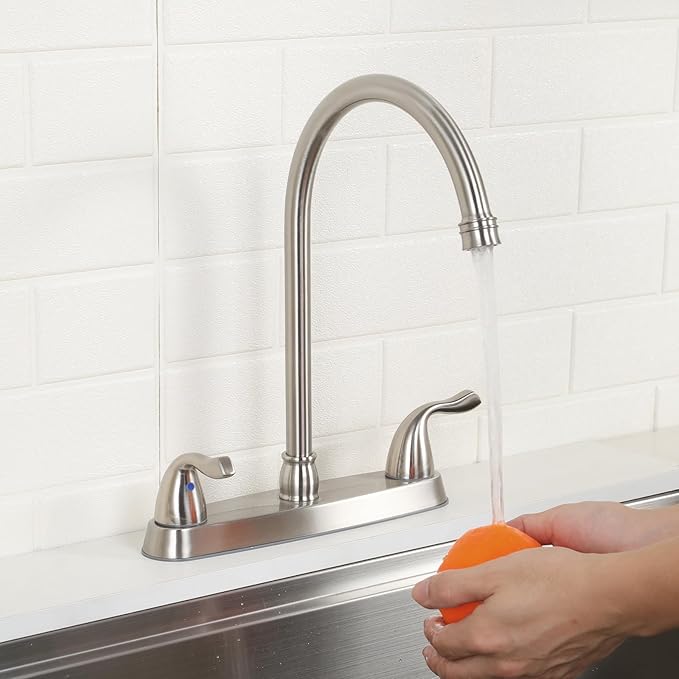 SHACO 2 Handle Kitchen Faucet, 3 Hole Kitchen Sink Faucet with Water Supply Line, Stainless Steel Brushed Nickel High Arc 360 Degree Rotating Taps for Kitchen Bar RV Camper, SC-YZLT001