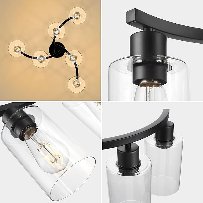 Sigaitwei 6 Light Modern Chandeliers for Dining Room,21.7" Black Hanging Light Fixture，Kitchen Pendant Lighting Over Island，Industrial Farmhouse Chandelier,Metal with Downward Clear Glass Shade