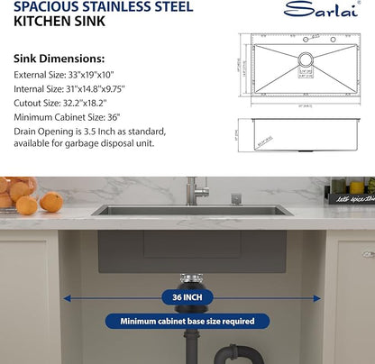 Sarlai 33 Inch Drop In Kitchen Sink - 33x19 Inch Kitchen Sink Drop In Stainless Steel Topmount Sink 16 Gauge Single Bowl Deep Top Mount Kitchen Sinks Basin