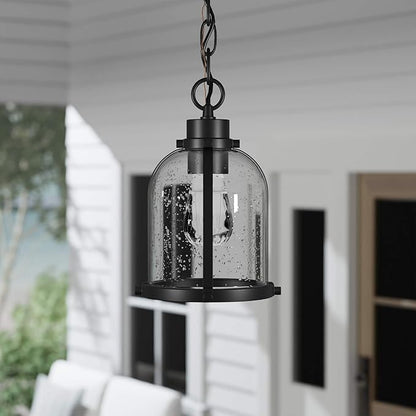 Globe Electric 44627 1-Light Outdoor Pendant, Matte Black, Clear Seeded Glass Shade, Bulb Included