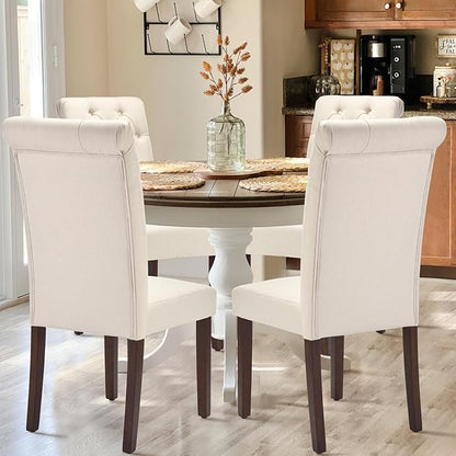 Tufted Dining Chairs Set of 2, Upholstered Parsons Dining Room Chairs, Fabric Kitchen Side Chair with Wood Legs, Beige