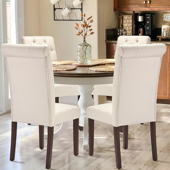 Tufted Dining Chairs Set of 4, Upholstered Parsons Dining Room Chairs, Fabric Kitchen Side Chair with Wood Legs, Beige