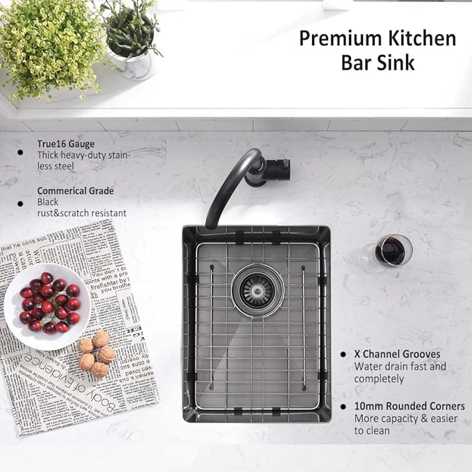 12 Inch Undermount Black Bar Sink -Wesliv 12x16 Small Kitchen Sink Under Mount Outdoor Rv Sink 16 Gauge Stainless Steel Wet Bar Sinks with Bottom Grid&Drain