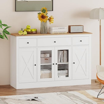 Giantex 55" Sideboard Buffet Cabinet with Storage, Modern Farmhouse Kitchen Storage Cabinet w/3 Drawers, Adjustable Shelves, 2 Barn Doors & 2 Glass Doors, White Sideboard for Living Room, Coffee Bar