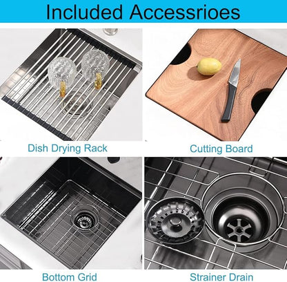 Black Undermount Bar Sink, 15 x 17 Inch Black Stainless Steel Undermount Kitchen Sink Single Bowl 16 Gauge Wet Bar Prep Basin
