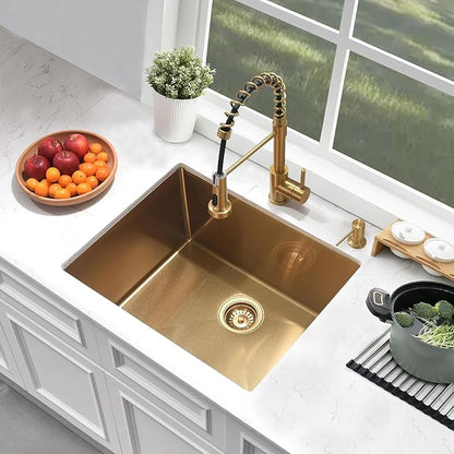 Undermount Gold Laundry Sink-Bokaiya 24"x18"x12" Gold Stainless Steel Laundry Room Sink Outdoor Utility 16 Gauge Single Bowl Kitchen Sink with Faucet Combo