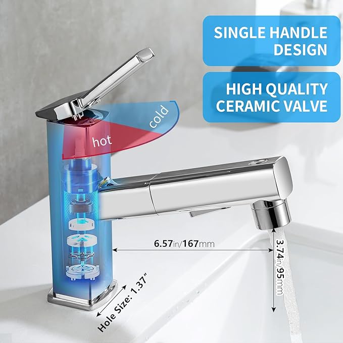 HANLIAN Single Hole Bathroom Pull Out Faucet with Rotating Spout, One Handle Faucet for Bathroom Sink, Modern Bathroom Faucet with Pull Down Sprayer, 3 Modes Lavatory Vanity Faucets (Chrome, Regular)