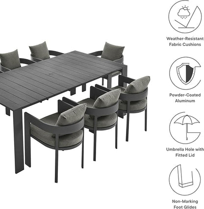 Modway Tahoe Outdoor Patio Powder-Coated Aluminum 9-Piece Dining Set in Gray Charcoal - Rectangular Patio Furniture Set for 8 - Outside Table with Umbrella Hole and Cushioned Chairs - Modern Patio Set