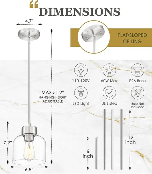 Pendant Lights Kitchen Island, 7" Brushed Nickel Hanging Lights Fixtures with Clear Glass Shade, Modern Kitchen Pendant Lighting Over Island for Dining Room, AD-24024-1P-SN