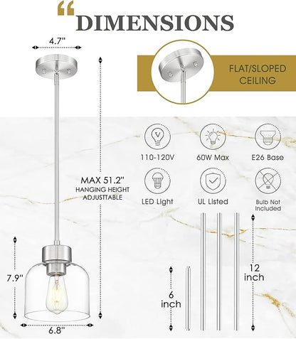 2-Pack Pendant Lights Kitchen Island, 7" Brushed Nickel Hanging Lights Fixtures with Clear Glass Shade, Modern Kitchen Pendant Lighting Over Island for Dining Room, AD-24024-1P2-SN