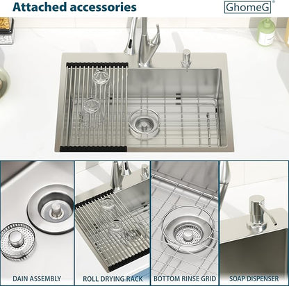 Drop in Kitchen Sink 25X18 Inch 16 Gauge Stainless Steel Handmade Topmount Kitchen Sink Single Bowl - 8 Inches Deep