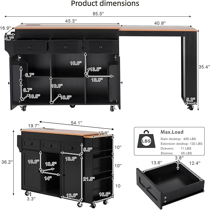 85.5" Kitchen Island with Extendable Dining Table, Rolling Kitchen Island with 3 Side Open Shelves, Power Outlet, Kitchen Storage Table with 3 Drawers, 2 Doors, for Kitchen, Dining Room, Black