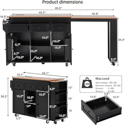 85.5" Kitchen Island with Extendable Dining Table, Rolling Kitchen Island with 3 Side Open Shelves, Power Outlet, Kitchen Storage Table with 3 Drawers, 2 Doors, for Kitchen, Dining Room, Black
