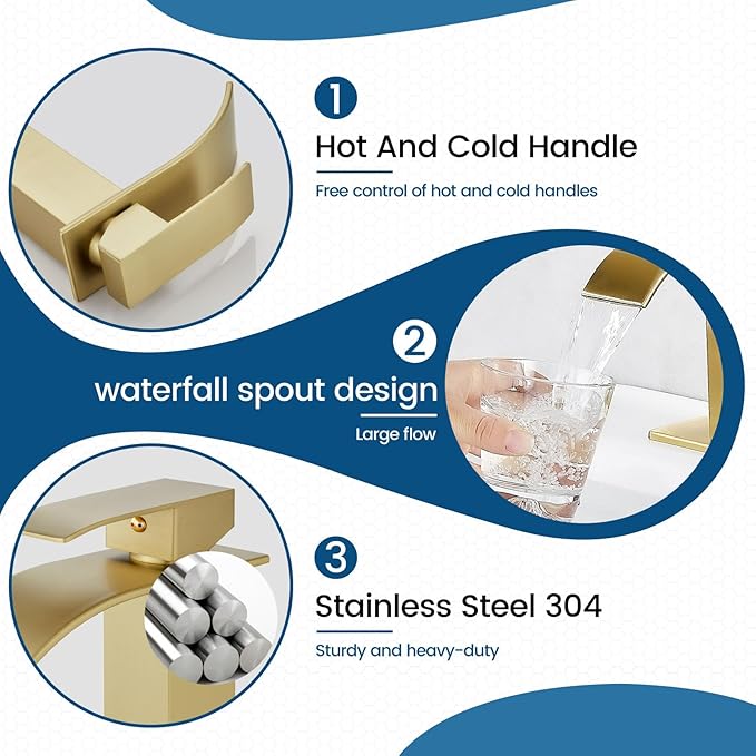 Airuida Brushed Gold Waterfall Spout Single Handle Bathroom Sink Faucet Single Hole Rv Lavatory Vanity Vessel Faucet Basin Mixer Tap with Deck Plate Supply Hoses 1 Hole or 3 Hole