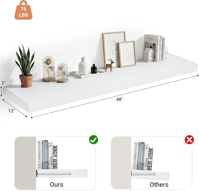 Heimlove 12 Inch Deep Floating Shelves, 48 x 12 Inches Long, Large Display & Storage Shelf, Rustic Wood Wall Shelves for Fireplace Mantel, Set of 1, White