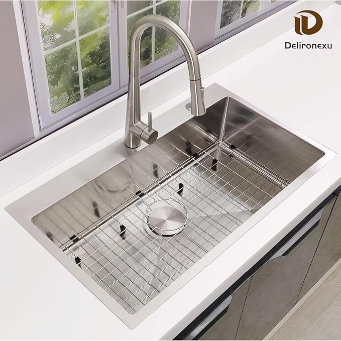 33x19 Drop in Kitchen Sink - Delironexu 16 Gauge Stainless Steel Sinks Top Mount, 33 Inch Drop in Kitchen Sink Single Bowl with 3 Accessories Package