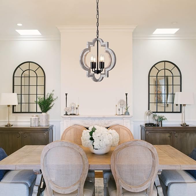 4-Light 15" Farmhouse Orb Chandelier Rustic Handmade Distressed White Wood Hanging Ceiling Pendant Light Fixture Wood Lantern Chandeliers for Dining Room Kitchen Bedroom Foyer Hallway