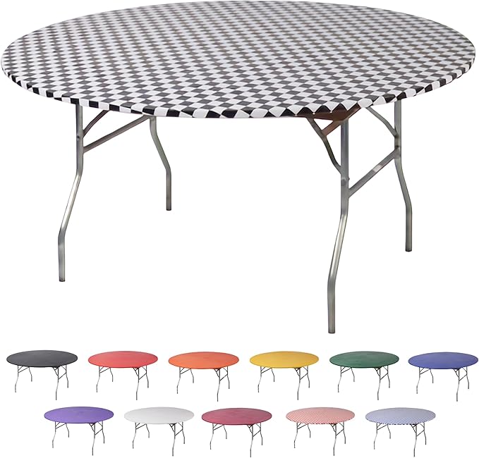 Kwik-Covers 10 Pack of Round Plastic Table Covers - 60" or 72" Round - Indoor or Outdoor Fitted Covers (Tables NOT Included) (Black & White Check, 72" Round)