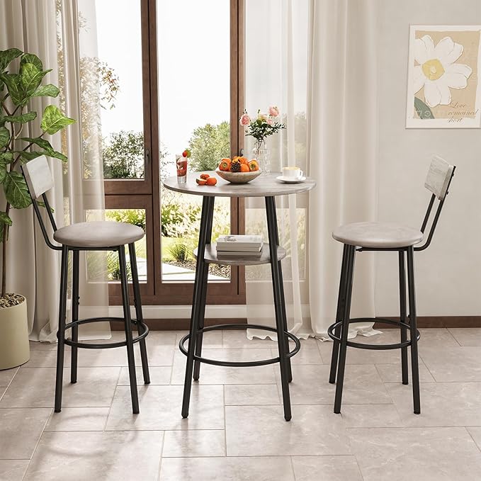 Zevemomo 3 Pieces Round Bar Table Set, Small Dining Table for 2, Breakfast Table with Storage, Modern Kitchen Bar Table, 2 Upholstered Stools with Backrest for Kitchen, Dining Room & Bistro-Grey
