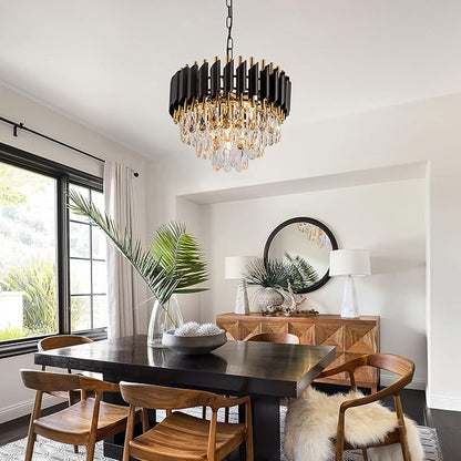 3-Tier Black Gold Crystal Chandelier 5-Light 15’’ Modern Crystal Pendant Chandelier Ceiling Light Fixture Hanging Lighting for Kitchen Island Dining Room Foyer Entryway Bedroom