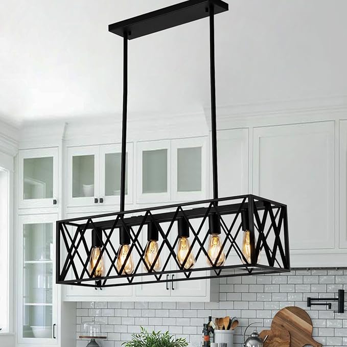Farmhouse Chandelier for Dining Room Kitchen Island Pendant Lighting 6-Light Black Metal Industrial Bar Chandelier Vintage Hanging Rectangle Linear Light Fixtures