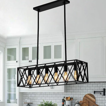 Farmhouse Chandelier for Dining Room Kitchen Island Pendant Lighting 6-Light Black Metal Industrial Bar Chandelier Vintage Hanging Rectangle Linear Light Fixtures