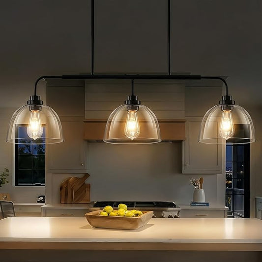 GoYeel 39.37" Kitchen Island Lighting, Large Dining Room Chandelier Over Table Black Pendant Lights Kitchen Island with 3 Big Clear Glass Dome,Height Adjustable,E26 Base